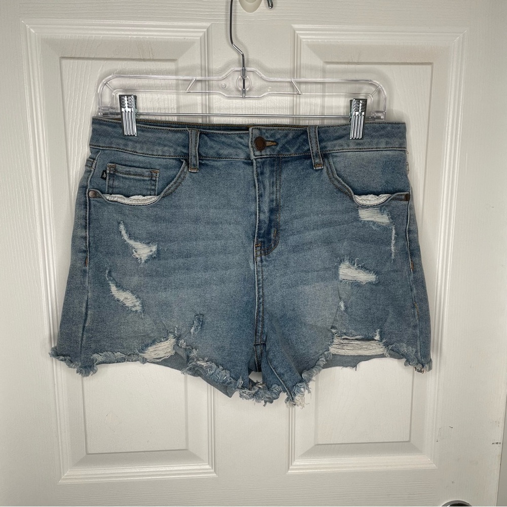 Judy Blue Hi Waist Distressed Stretch Jean Raw Hem Shorts JB1555 Medium Blue L